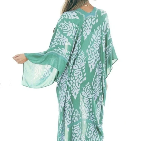 Green open front coverup kimono duster - Picture 4 of 6